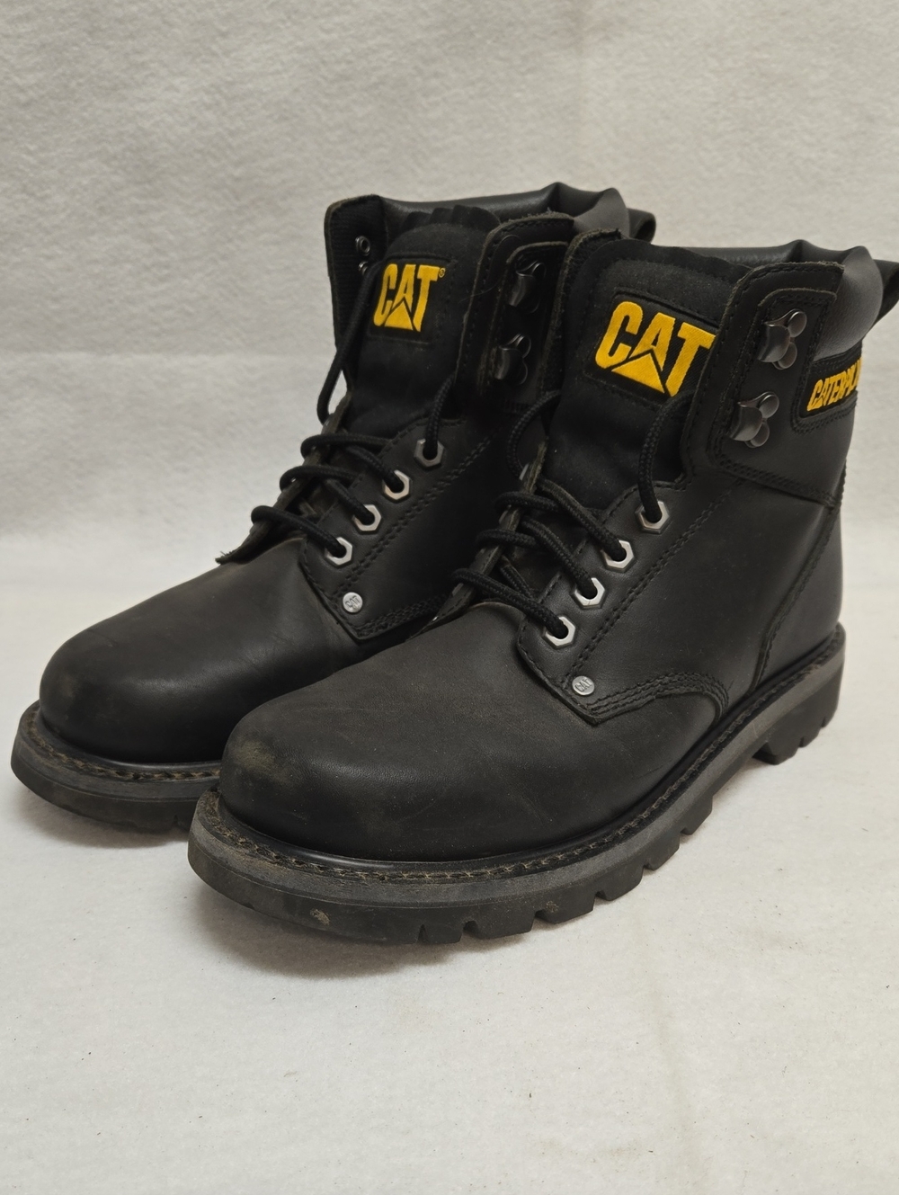 Caterpillar Black Leather Work Boots with Yellow CAT Logo